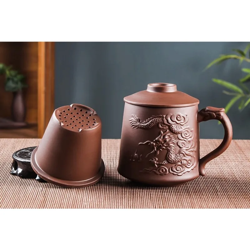 Retro Yixing Dragon Phenix Purple Clay Tea Mug with Lid and Infuser Handmade Ceramic Teacup Office Water Cup Gift Home Drinkware