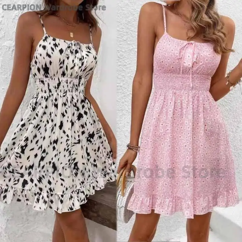 Sommerkleid mit Blumendruck, Spaghettiträgern, eckigem Ausschnitt, Rüschensaum, A-Linie, tailliertes Kleid, Damenrobe ﻿