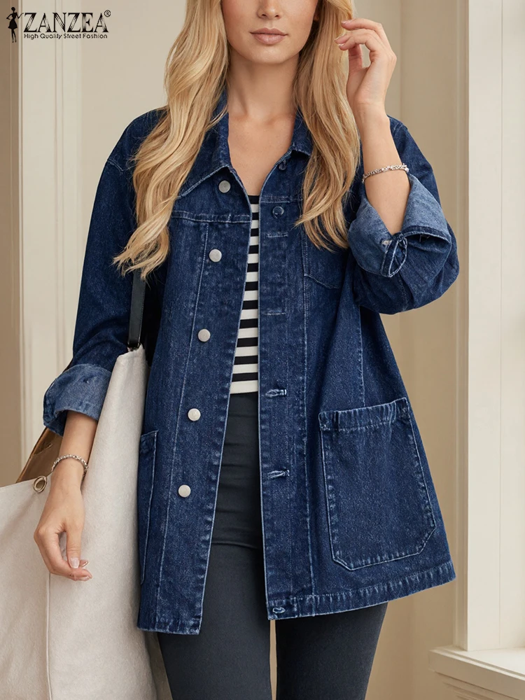 

ZANZEA 2022, осенние джинсовые синие куртки, женские пальто, винтажная верхняя одежда OL, женские куртки с воротником с лацканами и длинными рукавами, повседневные пальто на пуговицах