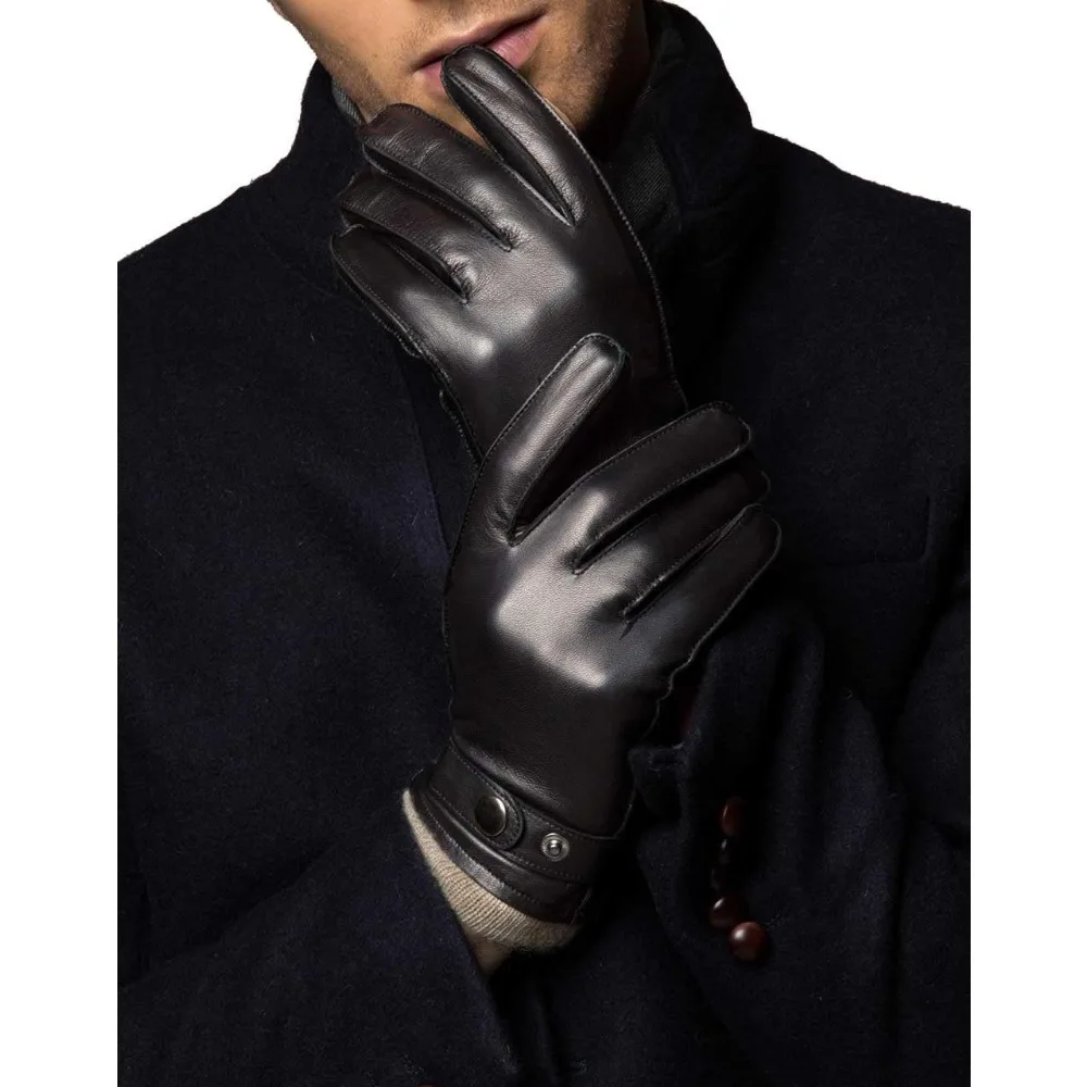 قفازات جلدية مبطنة بالكشمير تعمل باللمس للرجال - دفء ونمط جلد الخراف الشتوي
