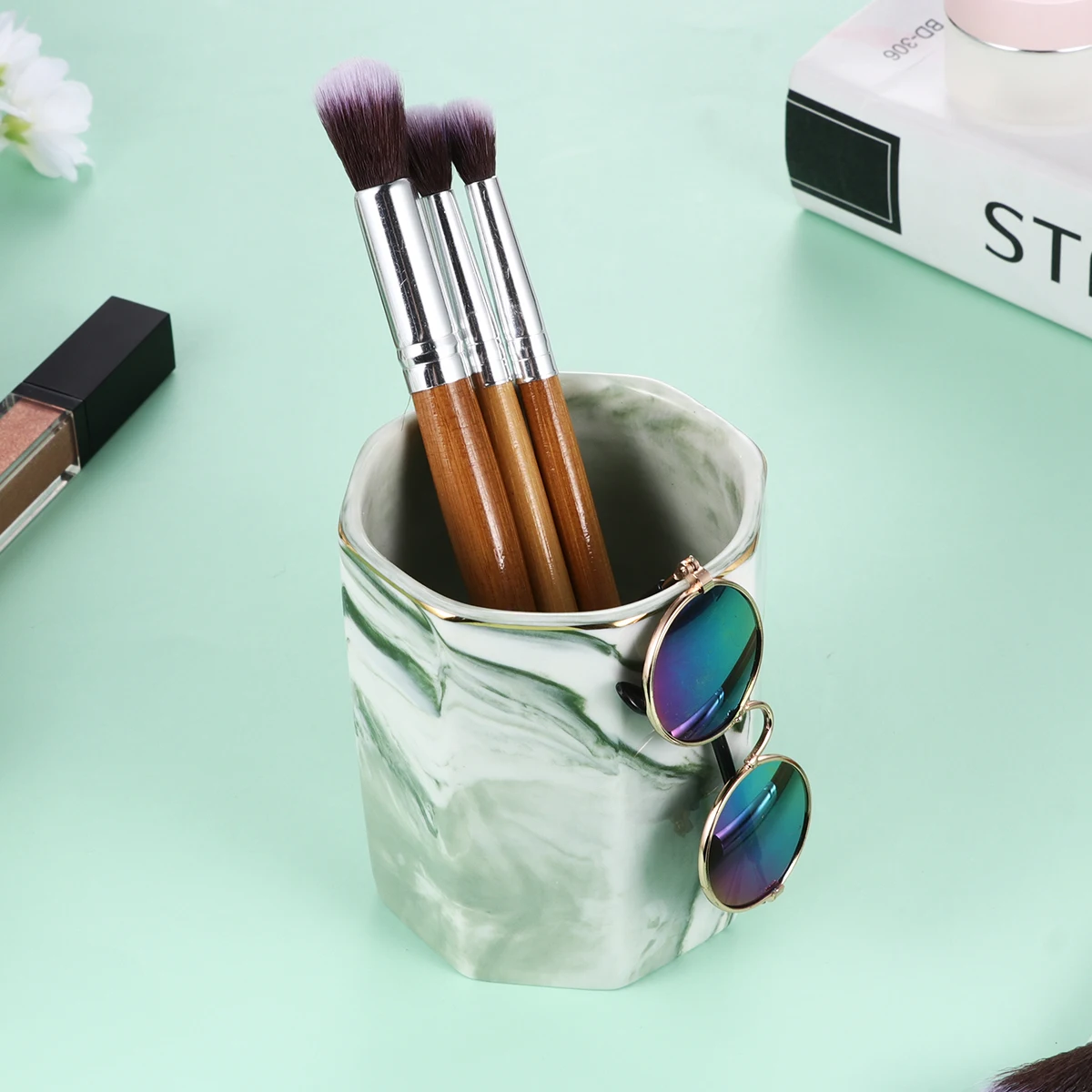 

Stylish -Edged Marbling Ceramic Pen Organizer Green Desk Makeup Brush Container Pencil Holder Aesthetic Design