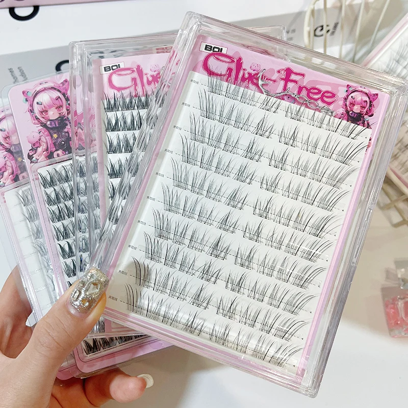 Pestañas postizas BQI sin pegamento, serie Flying Fox oblicuo, pestañas superiores segmentadas naturales, fáciles de usar para un aspecto de ojos mejorado