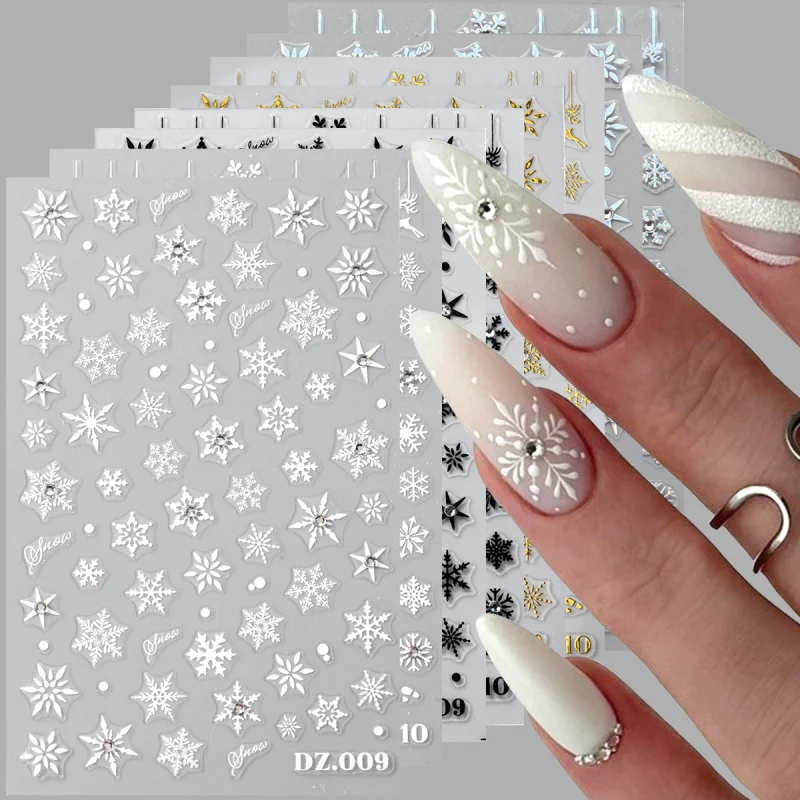 

2pcs White Snowflake Nail Stickers With Sparkling Crystal Rhinestones Winter Christmas Design Self-Adhesive Sliders Decals Festi
