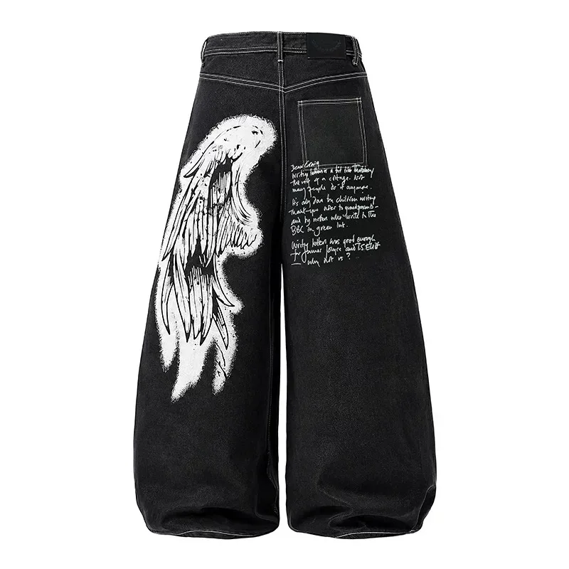 Men's Graffiti Wings Doodle Knife Jeans Casual Straight Leg Workwear Pants American Retro Print Loose Fit Spring Autumn