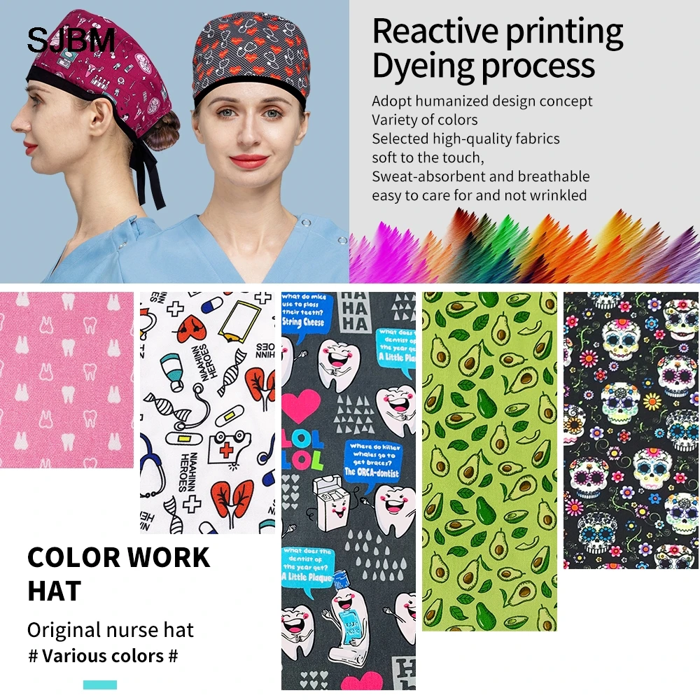 Gros accessoires d'infirmière gommage casquette clinique dentaire chapeau d'allaitement femmes hommes casquettes chirurgicales imprimé coton Salon de beauté chirurgien casquette