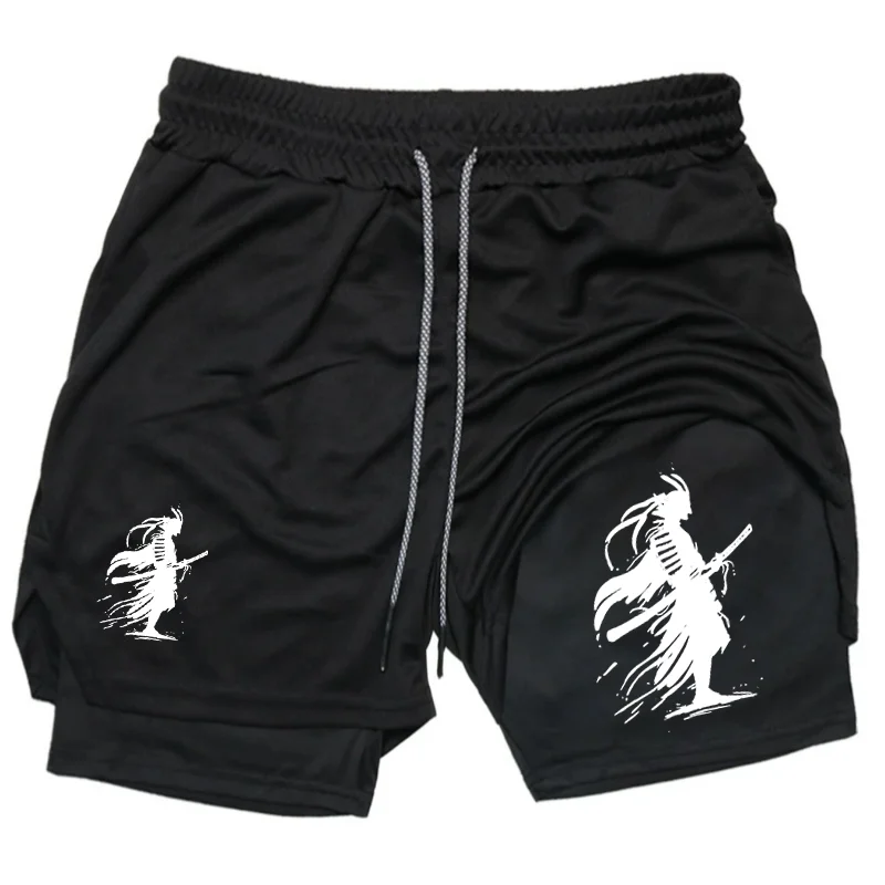

Мужские летние двухслойные спортивные шорты с принтом Samurai, дышащие, эластичные, влагоотводящие, для бега и фитнеса
