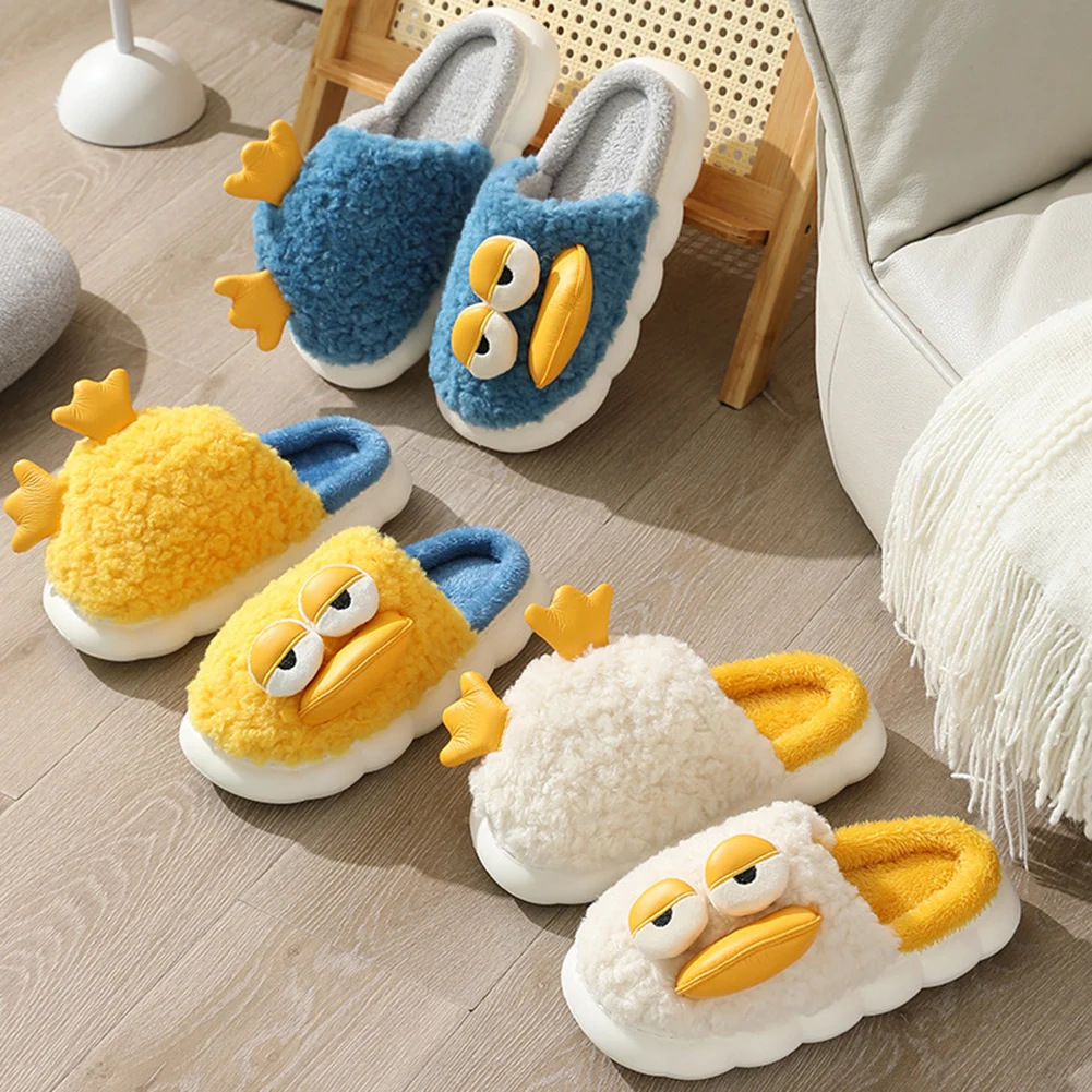Winter Plush Duck Slippers Women Men Funny Warm Couple Shoes Soft Household Cartoon Indoor Antiskid 4cm Thick Sole Slippers