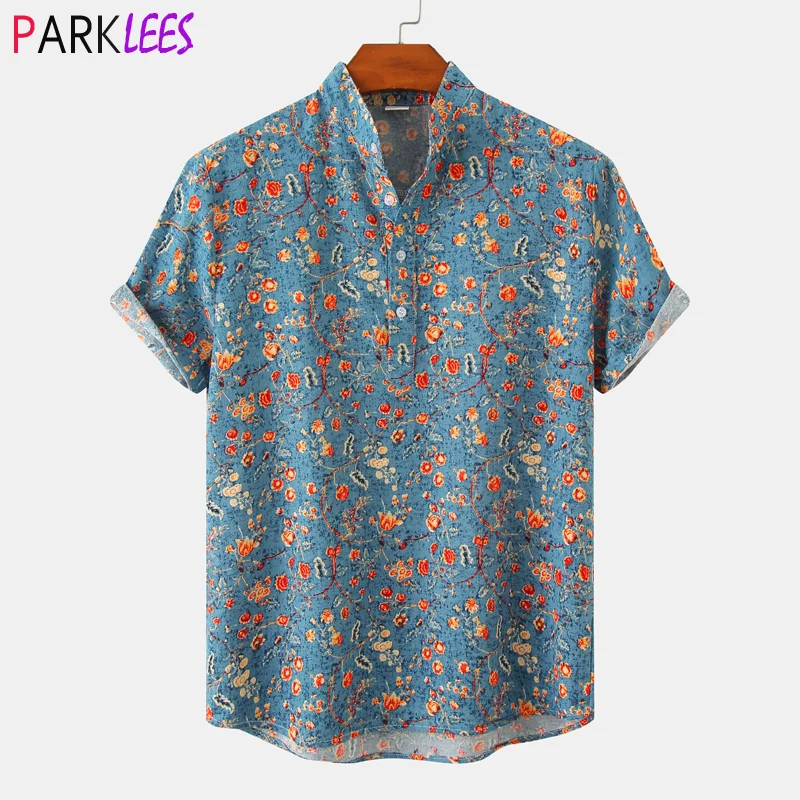 

2023 Summer New Short Sleeve Floral Hawaiian Shirt Men Half Placket Collar Beach Shirt Men Casual Holiday Vacation Clothing 3XL