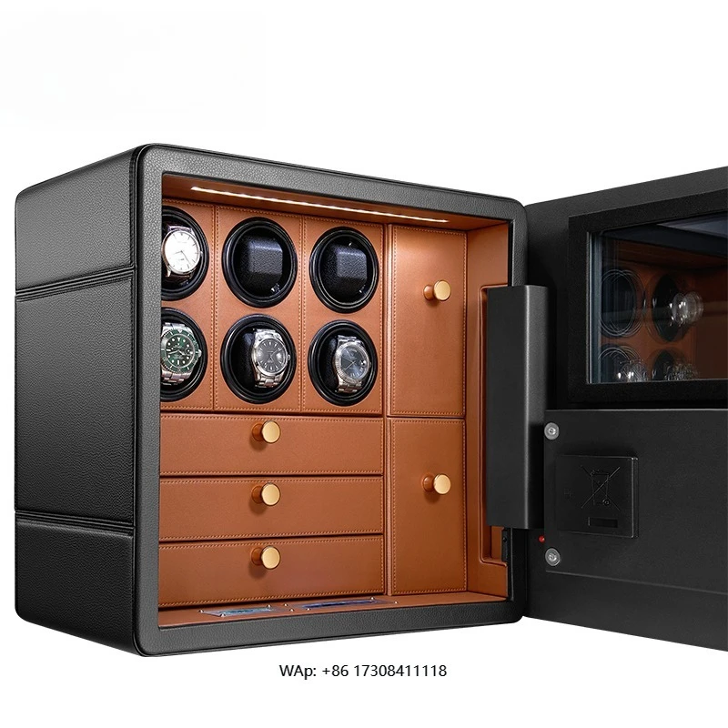 M&Q Custom Luxury Modern 6 Slots Automatic Rotating Motor Watch Winder Safe Box with Fingerprint Code Lock  Jewelry Storage Box