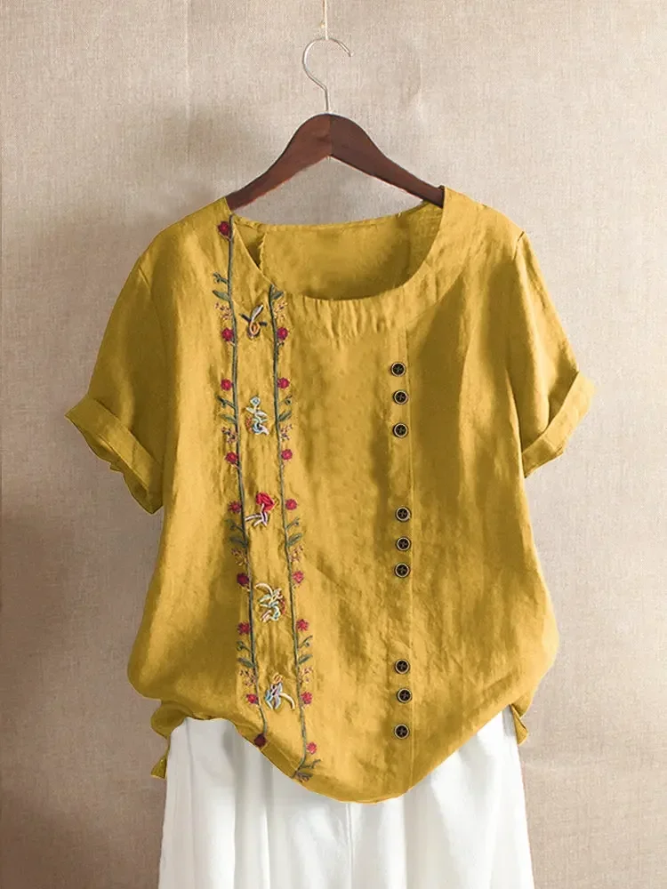 Cotton Linen Embroidery Women Shirts Summer New Elegant Vintage Floral Short Sleeve Casual Work Wear Tops Blouses 5XL