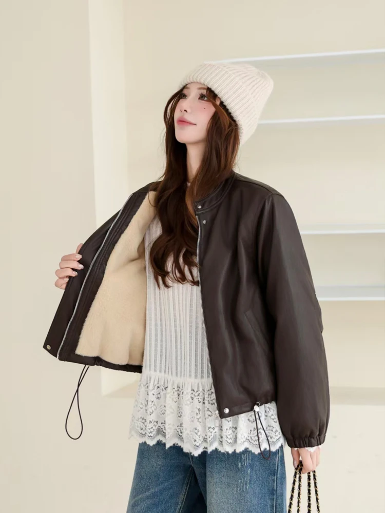 Vintage quente jaqueta de couro falso para mulher 2026 outono inverno o pescoço manga longa casaco do plutônio oversize luxo outwear ineo 5o131