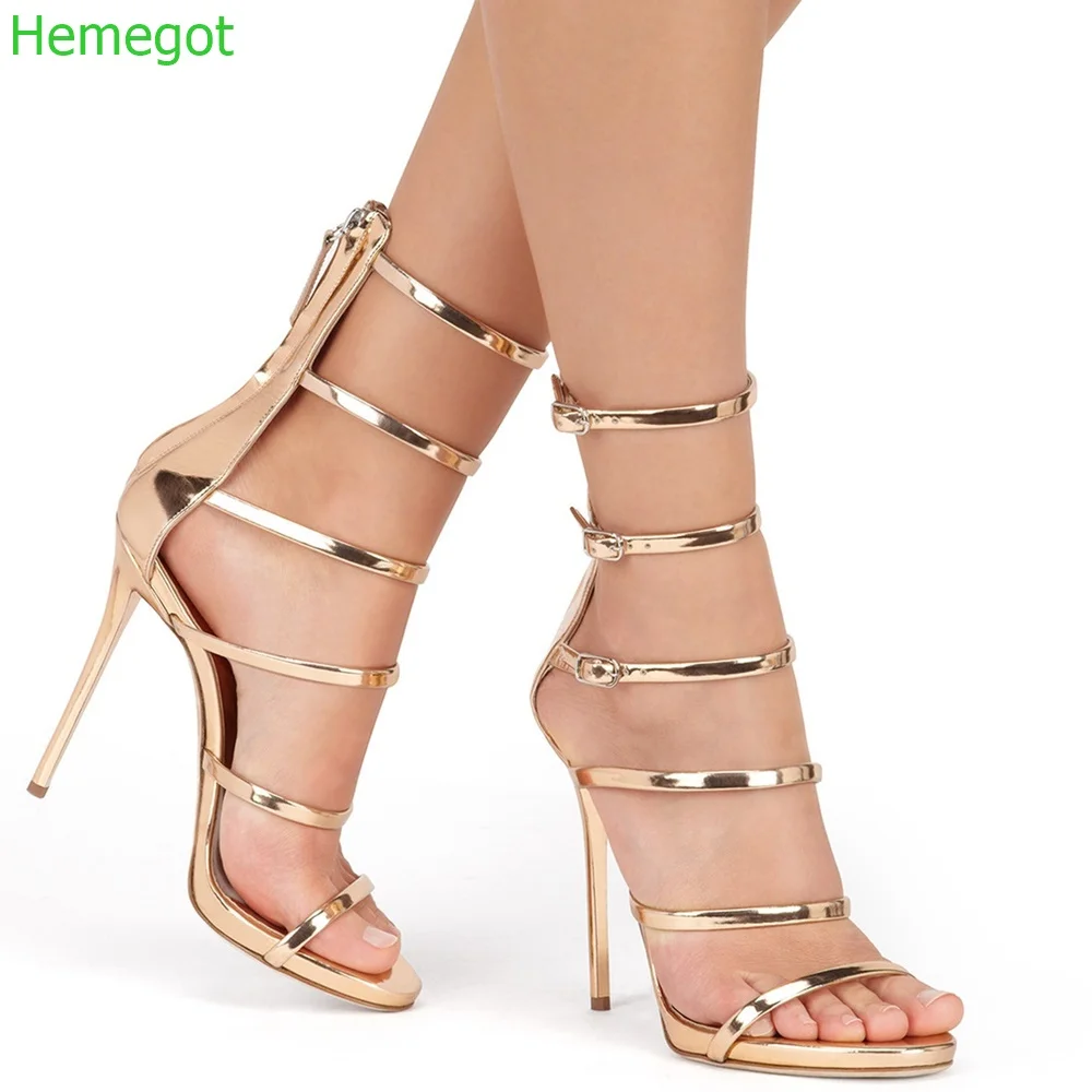 

Gold Sexy Hollow Roman Stiletto Heels Open Toe Cover Heel Zip Thin Strap Buckle 2024 Summer New Plus Size Women Fashion Sandals