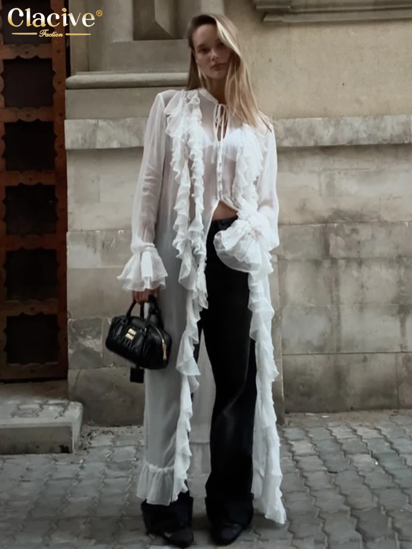 

Clacive Sexy Loose White Women's Dress Fashion O-Neck Long Sleeve Ankle Length Dresses Elegant See Through Ruffle Female Dress