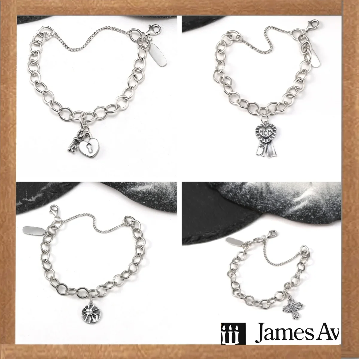 Vintage Silver Charm Bracelet for Women, Chunky Link Chain Bracelet with Lock & Key, MOM Medal, Sunburst and Cross Pendant, Adjustable Retro Metal Wrist Jewelry, Trend Stackable Bracelets, Birthday Holiday Gift for Girls Daily Wear
