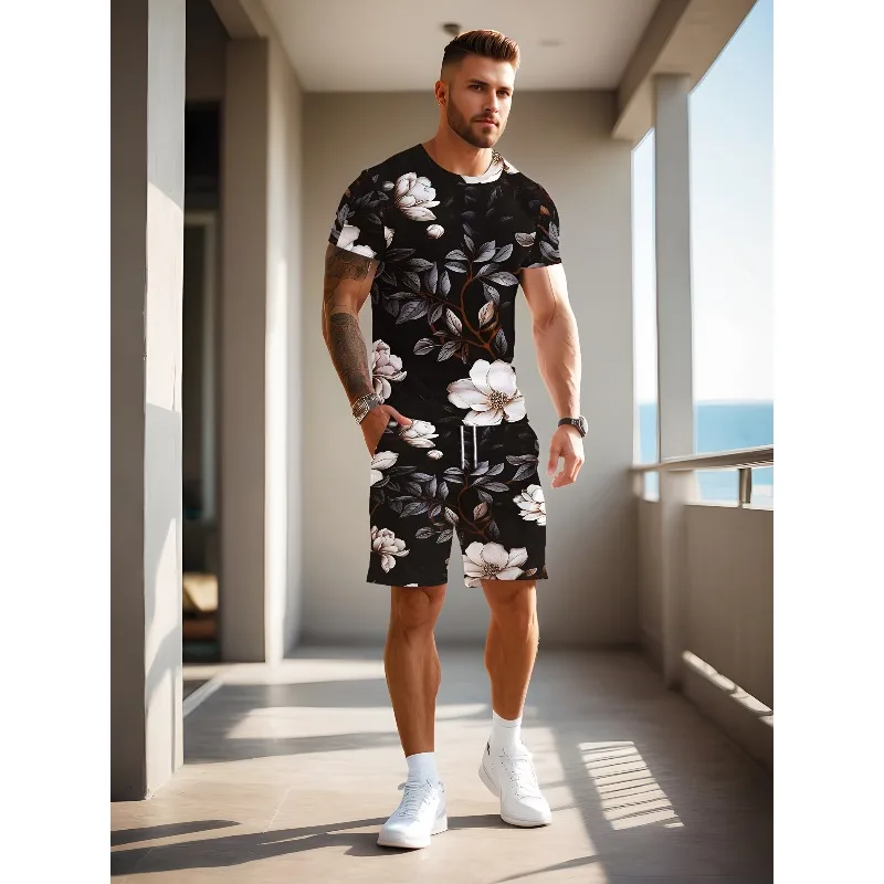 2025年夏の必須アイテム、クリエイティブなレトロ3Dデジタルプリントメンズ半袖ショートパンツセット、最新のファッショントレンド、カジュアルTシャツ