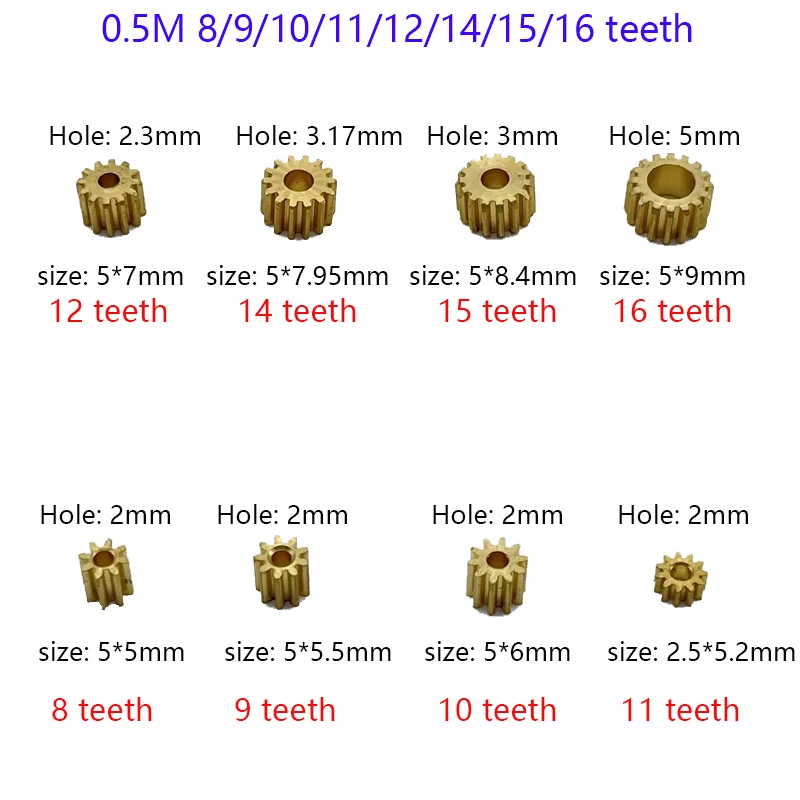 0.5M Modulus Motor Brass Gear 8/9/10/11/12/14/15/16 Teeth Metal Gear Fit 2mm 2.3mm 3mm 5mm Shaft for 130/380/555/775 motor