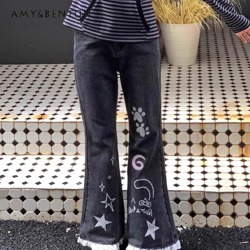 

Japanese Original Design Animal Embroidery Women's Flared Pants 2025 Spring Summer Slimming Versatile Subculture Jeans Ladies