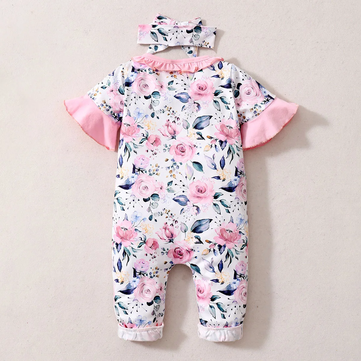 Newborn Baby Girl Bodysuit Summer Romper Floral Print Pink Short Sleeve Onesie with Headband Toddler Baby Girl Jumpsuit Clothes