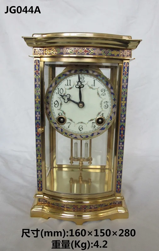 French Gilt Brass Bow Fronted 15 Days Mechanical Floral Chinese Champleve Case Four Glass Striking Table/Desk Clock