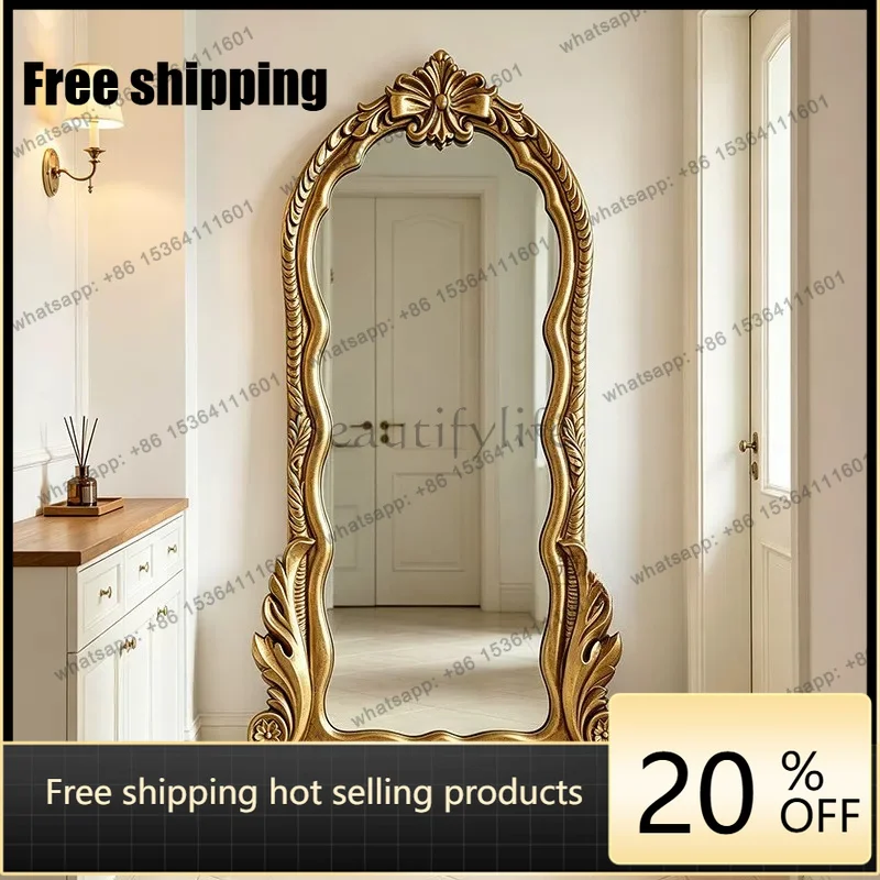 YJ European Retro Arch Full Length Mirror Carved Floor Mirror French High-end Decor For Villa Entrance Bedroom