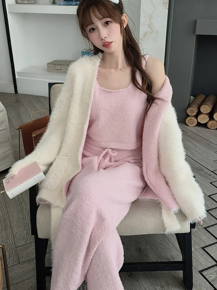 Sweet Mink Pajamas Three Piece Sets Women Thickened Warm Soft Plush Cardigan + Tank Tops + Lace Up Sleep Pants Home Clothing