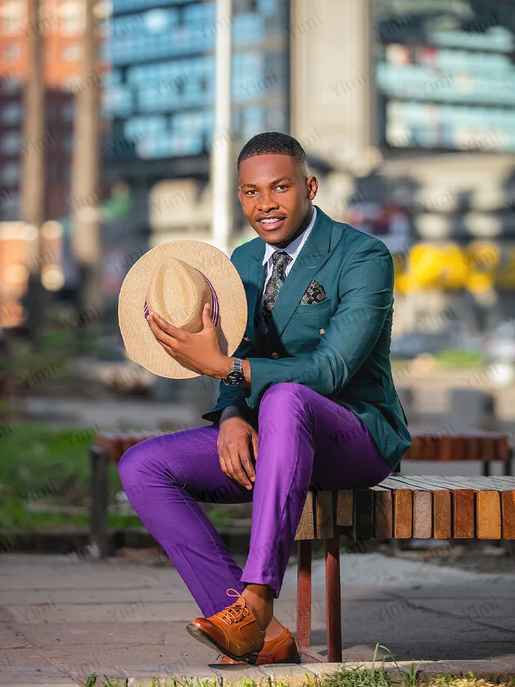 بدلات رجالية أنيقة 2 قطعة بلغت ذروتها التلبيب مزدوجة الصدر السترة سترة رسمية التباين اللون حفلة موسيقية سليم مجموعة الأعمال مخصصة