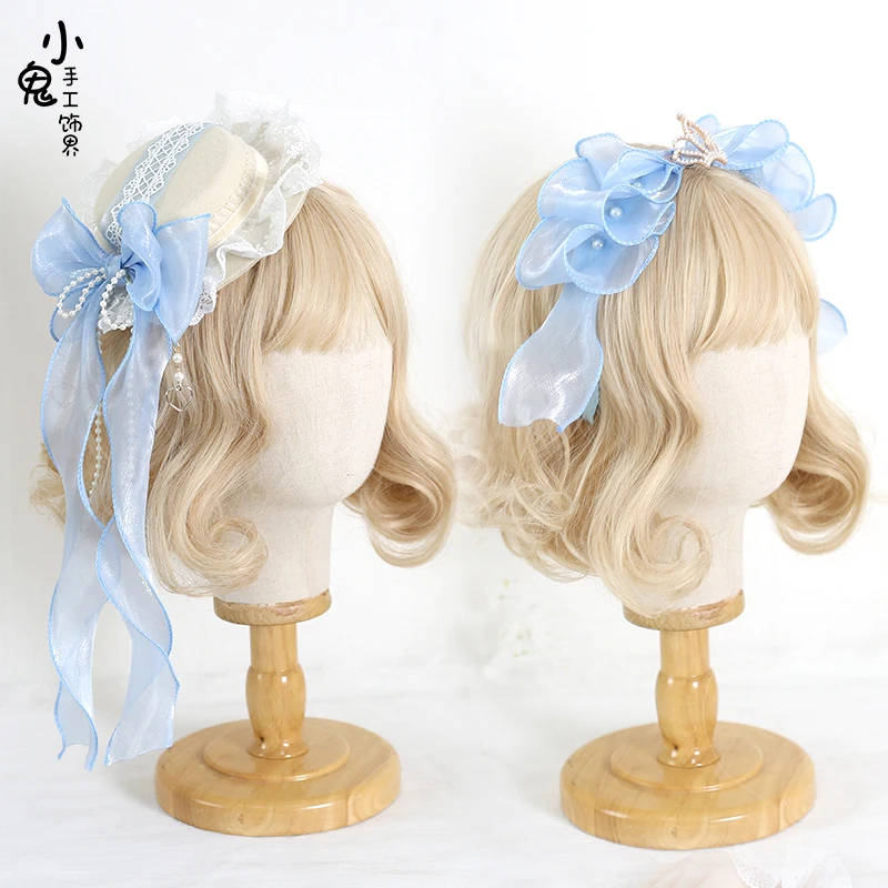 

Lolita Japanese Big Bow Hairpin Lolita Light Blue Hair Accessories Flower Wedding Headband KC Flat Hat