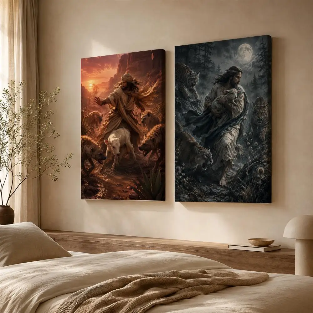 Shepherd Protecting Lamb From Wolves Framed Wall Painting Ready to Hang Canvas Poster for Living Room Bedroom Home Decor Decals