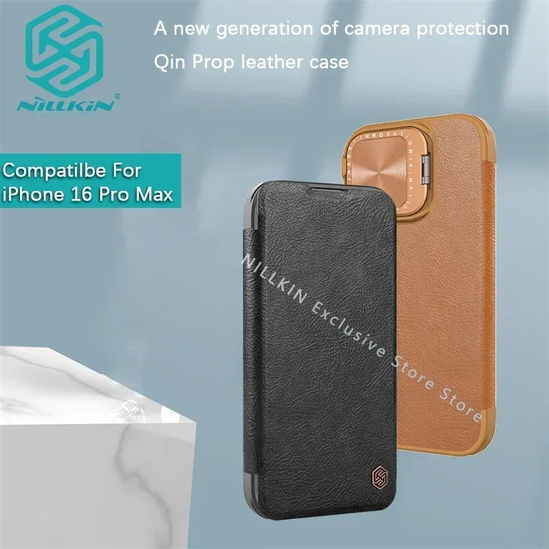 

Чехол Nillkin для iPhone 16 Pro Max/16 Pro/16 +/16 Plus Qin Prop, кожаный чехол из искусственной кожи, кронштейн для крышки объектива, защитный чехол для телефона