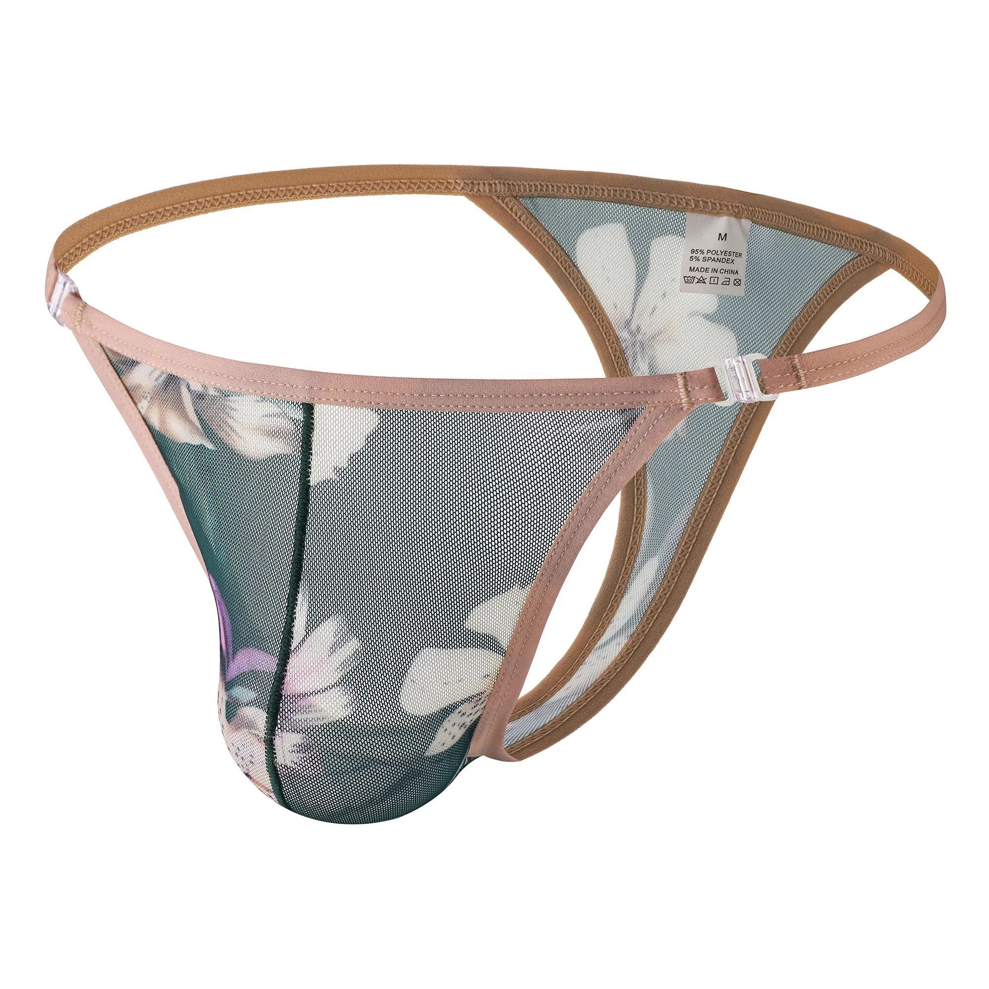 

Men's Printing T-back Briefs Low Waist Jockstrap Underpants Sheer Mesh Breathable G-strings Detachable Buckle Sexy Bikini Thongs