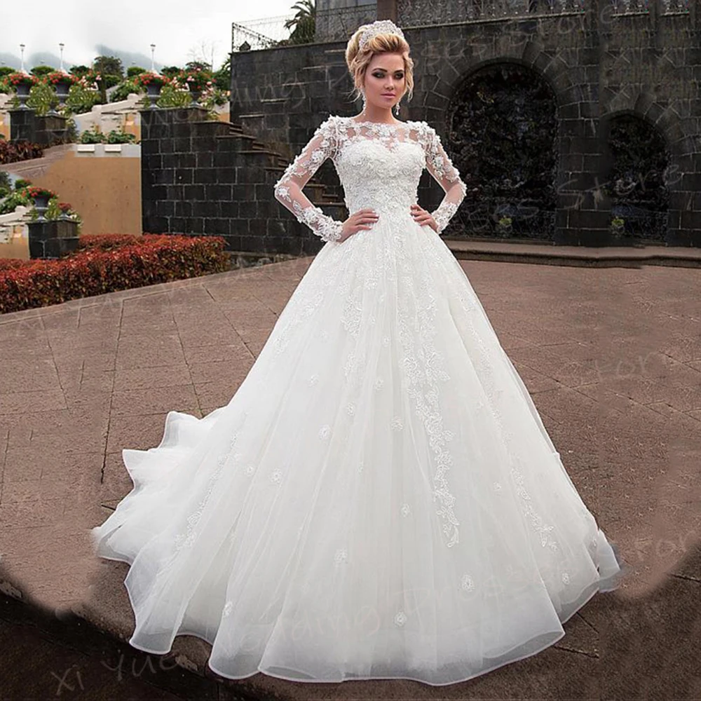 Vestido De novia De manga larga con apliques De encaje para mujer, Vestido De princesa, elegante, lujoso, exquisito, una línea