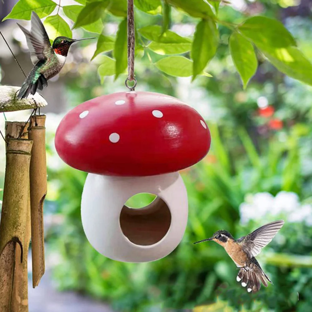 

Resin Bird Feeder Mushroom Shape Hanging Wild Bird Food Dispenser Small Outdoor Decorative Feeder for Garden Backyard