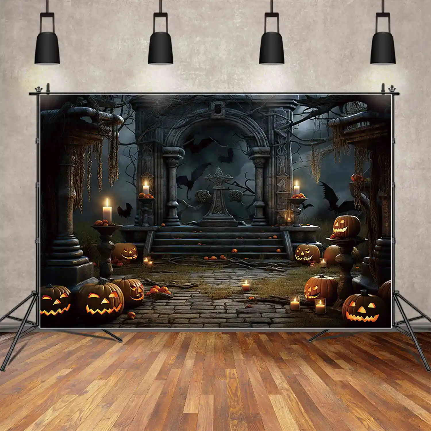 MOON.QG Pumpkin Castle Halloween Photography Backdrop Bats Bats 2025 Photozone Background Child Studio Photozone Accessories