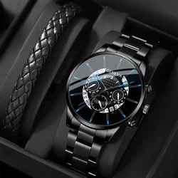 Mens Fashion Stainless Steel Watches Luxury Quartz Wristwatch Calendar Men Business Casual Leather Bracelet Watch