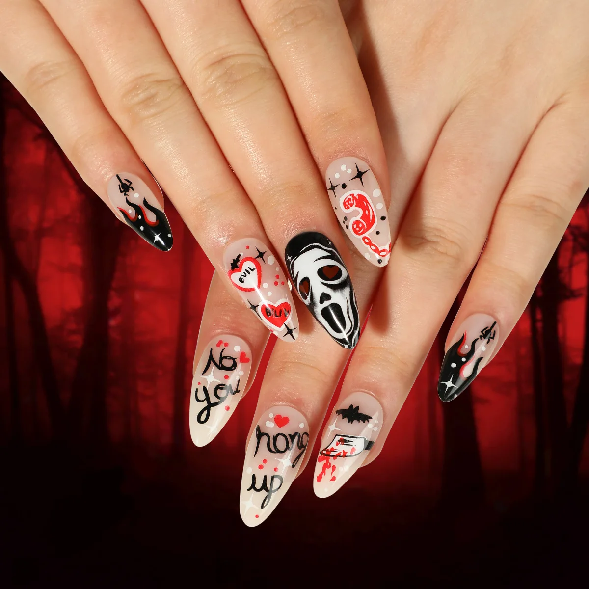 Halloween False Nails Red Color Scary Ghost Skull Spider Printed Artificial Acrylic Nails European Style Long Pointed Fake Nails