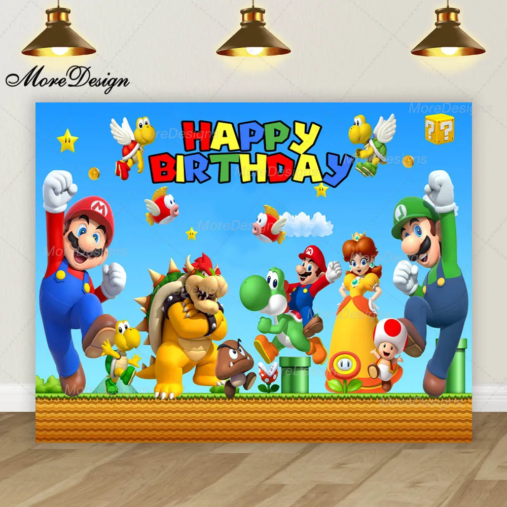 Super Mario Bros Photo Backdrop para crianças, tecido de poliéster vinil, pano de fundo, decoração de aniversário, princesa pêssego