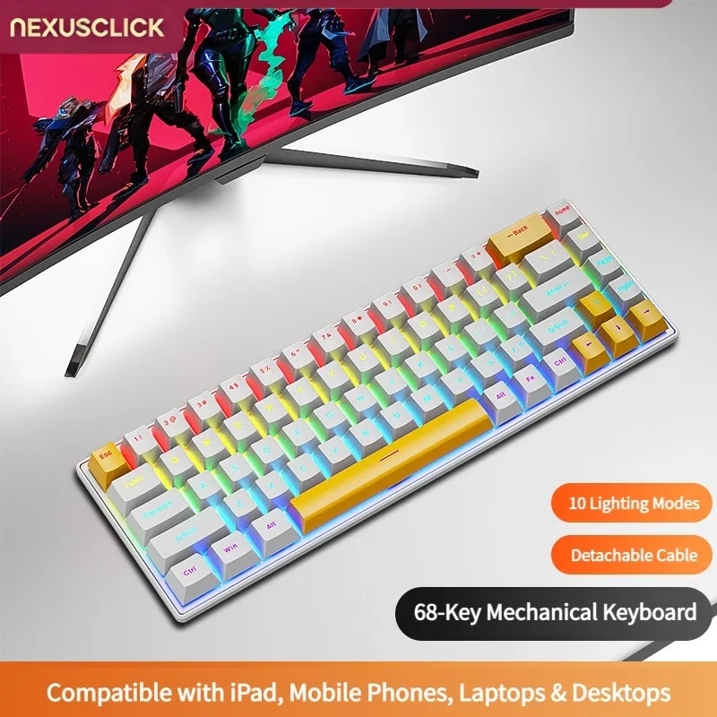 NexusClick K68 60% Layout Red Switch Wired Mechanical Keyboard,RGB Light Ergonomic Curved Keycaps Hot Swap Optional for PC Gamer