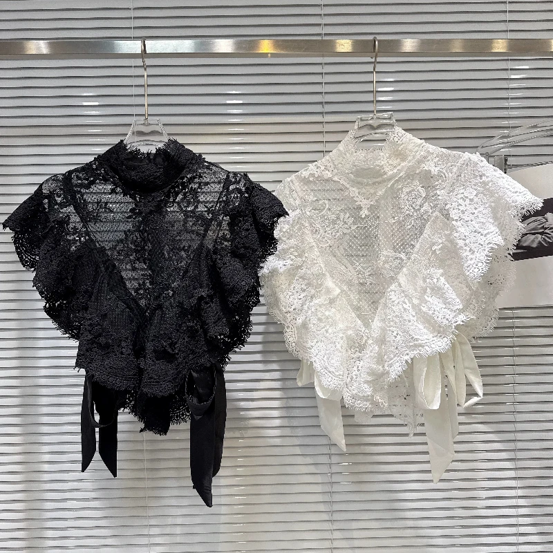 Sweet Solid‑Color Sleeveless Vest Top,V‑Shape Splicing Flying‑Edge Strap Sexy Lace Hollow‑Out Blouse for Daily Party Street Wear