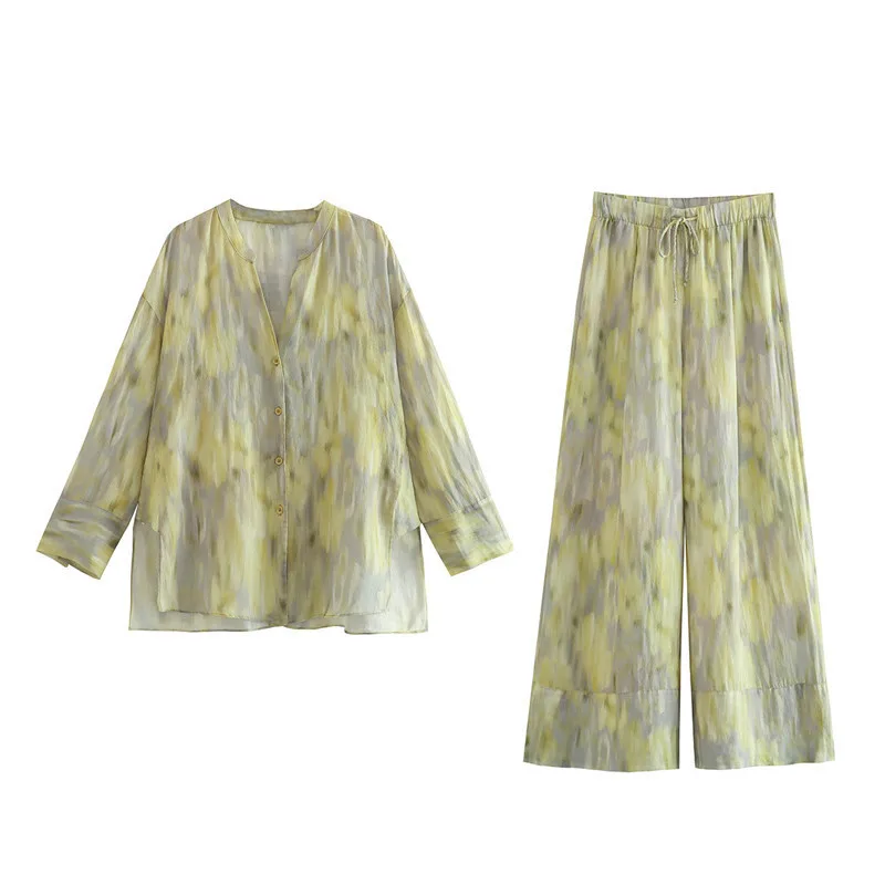 

VIBE Autumn New Fashion Printed Loose Cotton Linen Shirt and Printed Long Pants Set