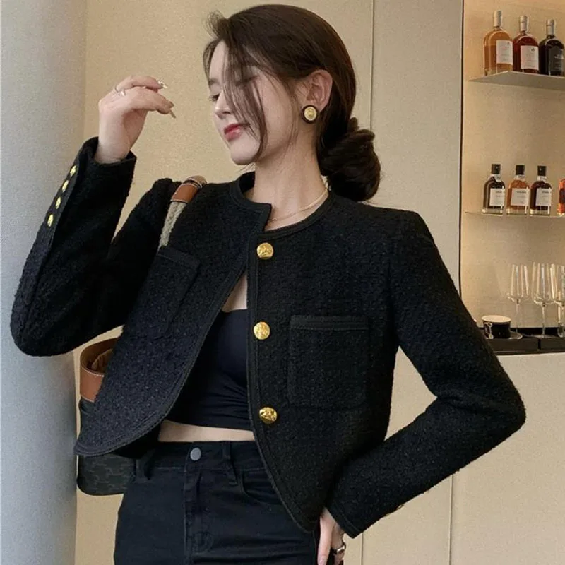 

Korean Women Woolen Jackets Vintage Elegant Tweed Cropped Coats Harajuku Solid O Neck Black Simple Design Office Lady Tops