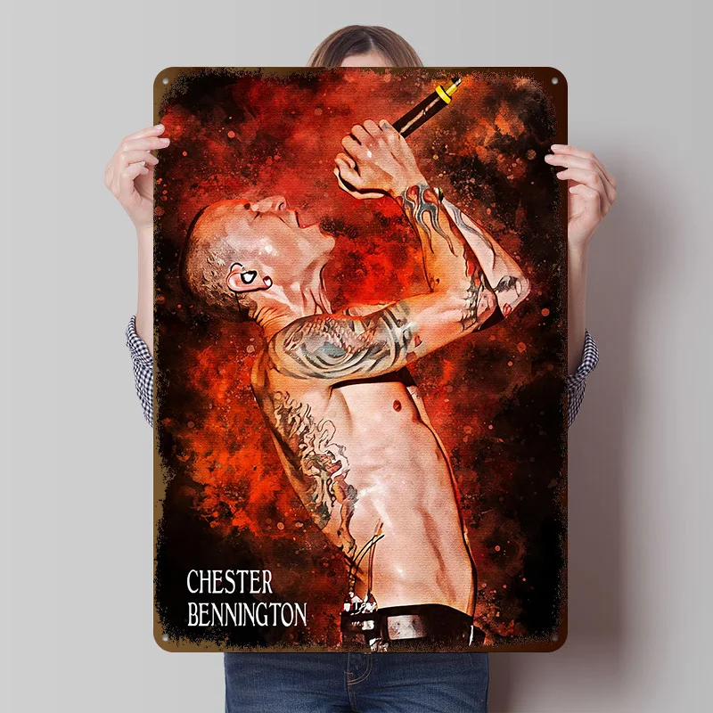 Chester Bennington Aquarell-Porträt-Poster, personalisierte Vintage-Metallschilder, Wandkunst, Retro-Blechschild für Garagendekoration
