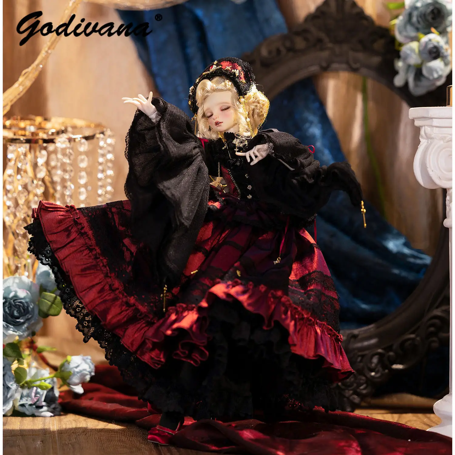 1/4 BJD Doll Vintage Luxury Court Gothic Lolita Gown Lace Ruffled Flare Long Sleeve Big Swing Dress with Hat for 1/3 BJD Clothes