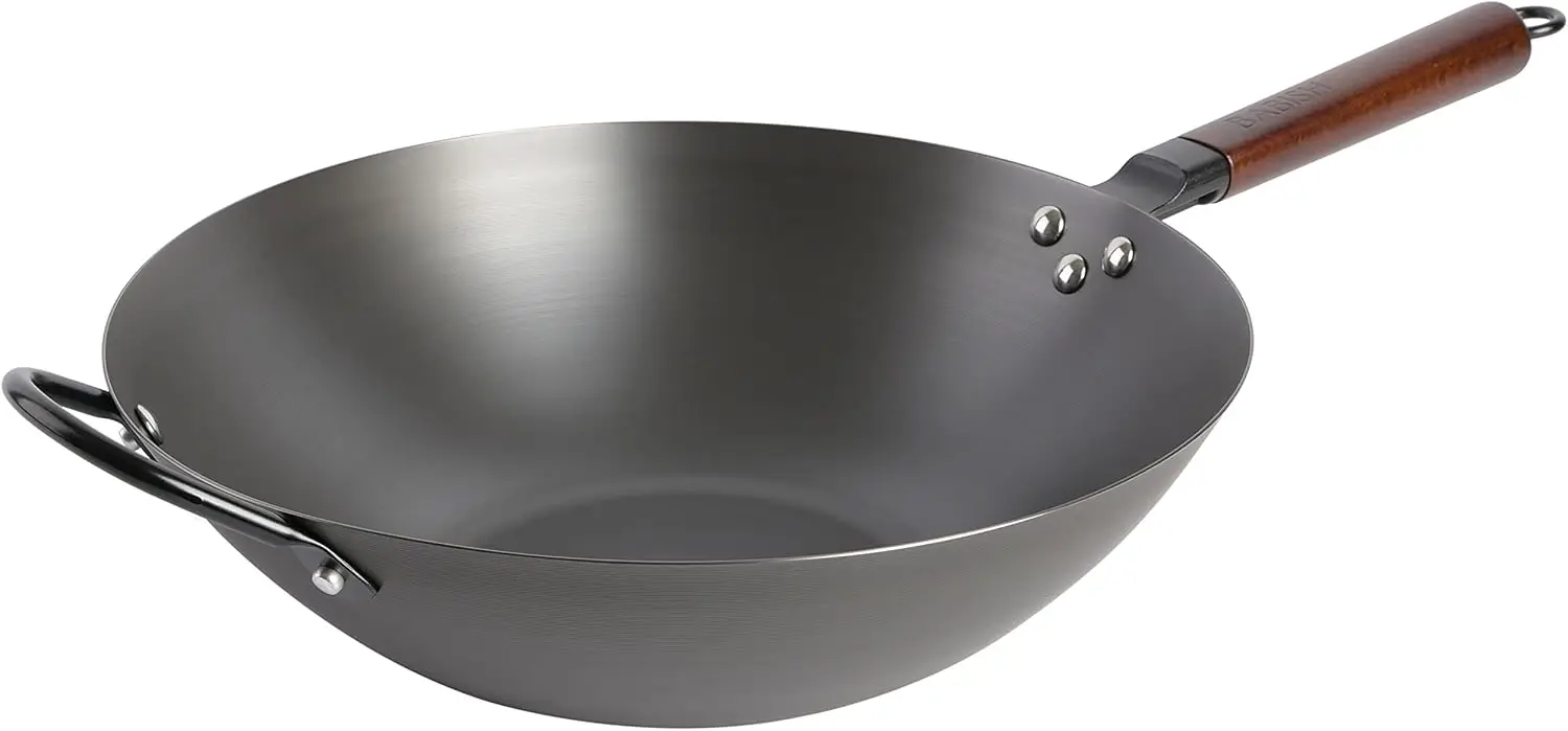 

14-Inch Carbon Steel Flat Bottom Wok Pan for Stir Frying, Even Heat Distribution
