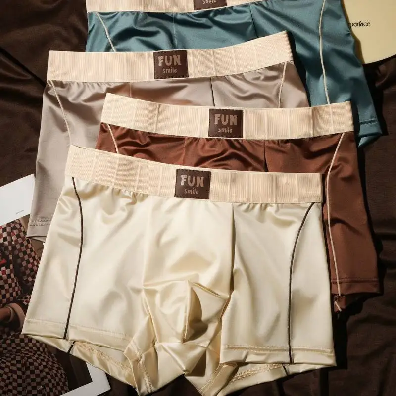 

4Pcs Summer Smooth Ice Silk Satin-like Men's Boxershort Panties Man Underwear Male Underpants Breathable U Convex Men Boxers