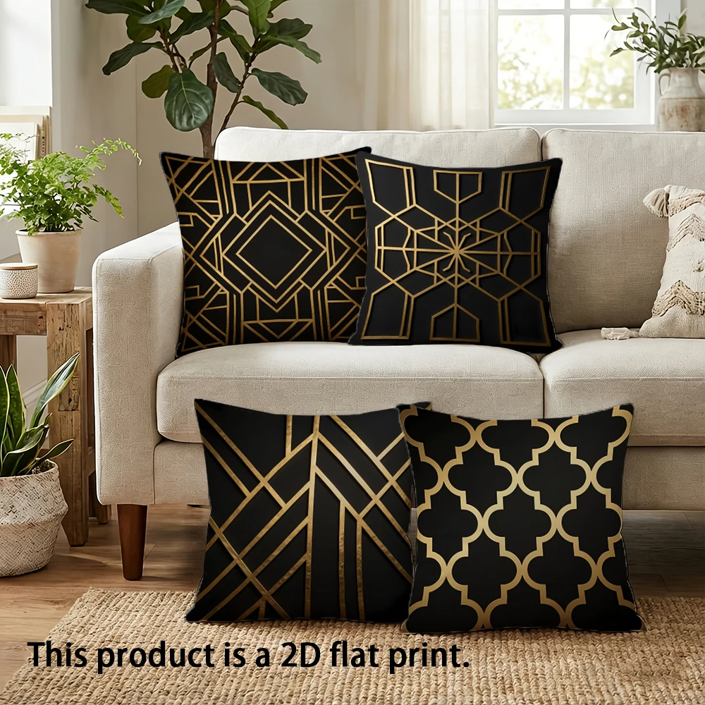 1/4pcs Black and Gold Geometric Pattern Pillowcases for Sophisticated Decor Sofa cushion cover home bedroom room decoration