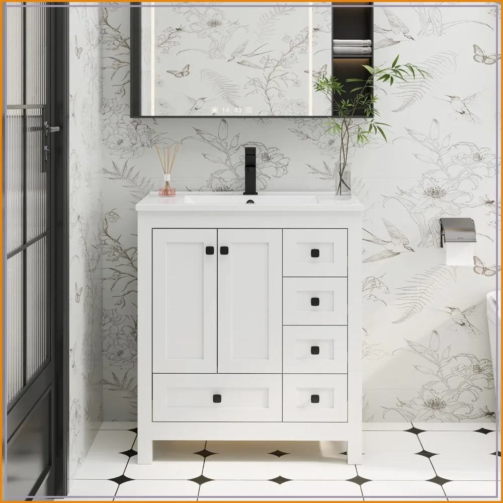 30 inch Wood Bathroom Vanity with Sink Undermount White Single Sink, Matte Black Faucet Drain