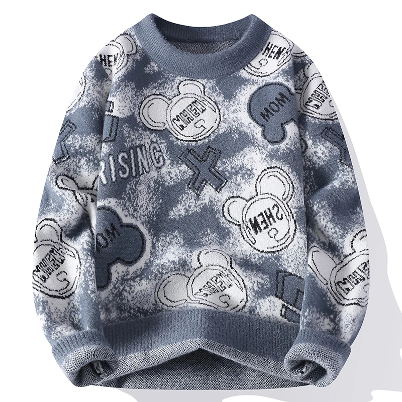 

Thiened Cartoon Tassel Knitted Sweater round Ne Couple Sle Dyeing Warm Winter Men's Long Sve Soft Polyester Fiber