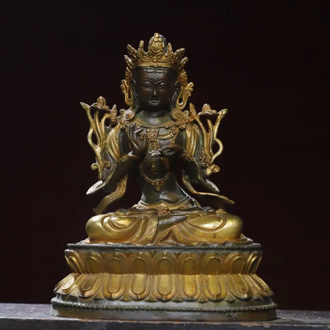 Tibetan brass gilt painted Guanyin Bodhisattva Tara antique Buddha statue ornament, home incense case hall supplies 26cm