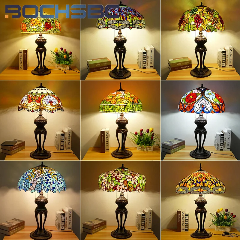 

BOCHSBC Tiffany style stained glass antique retro desk lamp for warm bedroom bedside table lamp living room hotel villa LED deco