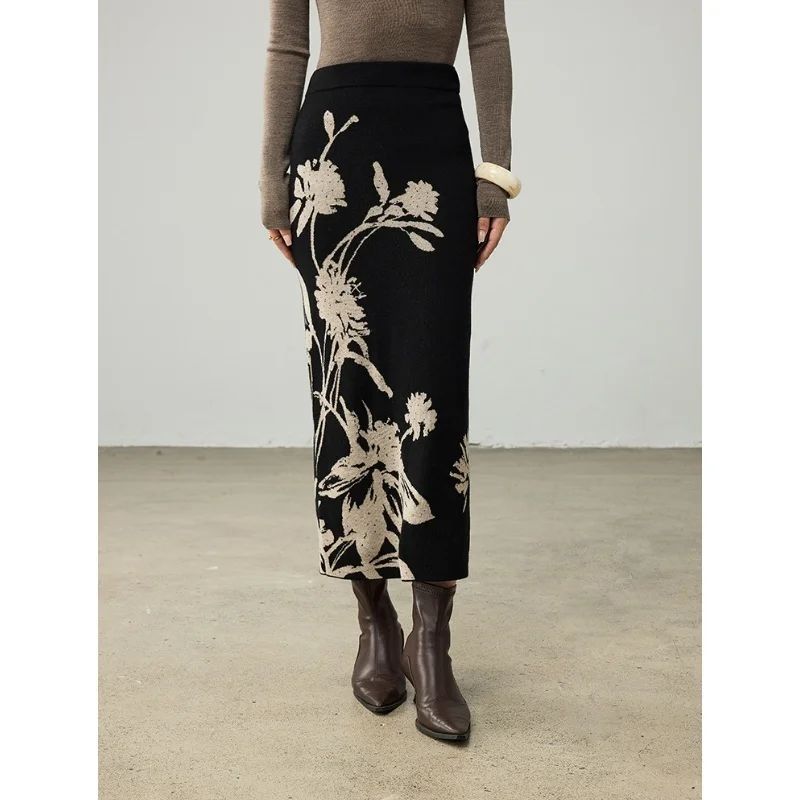 

Ink Painting Jacquard Wool Blend Long Midi Skirt Women Elegant Autumn High Waist Split Knitted Skirts